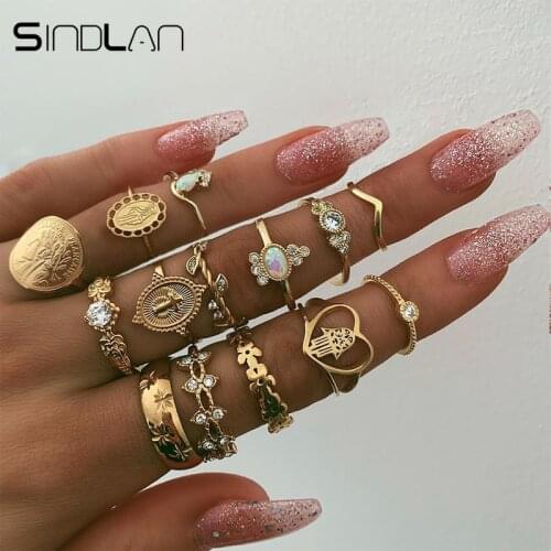 Sindlan 14PCs Vintage Beauty Cross Ring Set Gold Coin Fatima Finger Ring Crystal Boho Charm Joint Rings for Women Party Jewelry