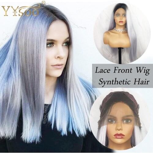 YYsoo Long Ombre Grey 13x4 Lace Front Synthetic Hair Wig For Women1b/Grey Silky Straight Half Hand Tied Ombre Lace Wig Free Part