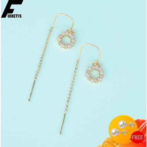 Trendy Women Earrings 925 Silver Jewelry Round Shape Zircon Gemstone Long Style Drop Earrings Accessories for Wedding Party Gift