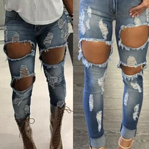 Women Destroyed Denim Long Pants Skinny Pencil Trousers Ripped High Waist Jeans