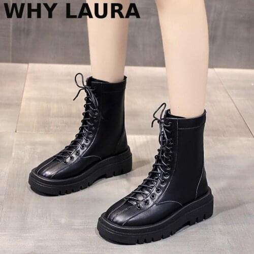 Womens motorcycle boots wedge flats womens high heels platform PU leather non-slip platform comfortable boots lace-up womens