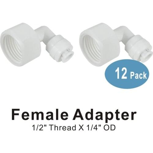 Female Adapter 1/2" Thread x 1/4" tube Quick Connect Fitting Parts for Water Filters and RO Systems - 12 PACK