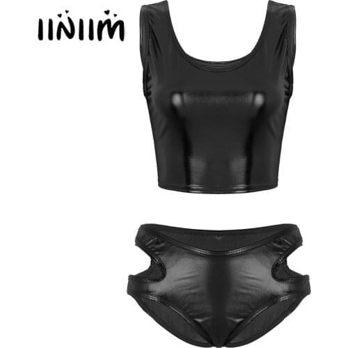 Womens Shiny Metallic Cheerleading Outfit Costume Scoop Neck Tank Crop Top Bikini Booty Shorts Hollow Out Low Rise Mini Briefs