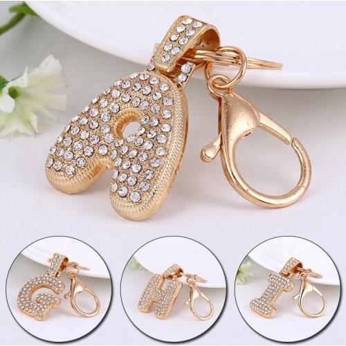 Gold Color Rhinestone Key Ring Women 26 Alphabet Letters Alloy Car Bag Tassel Charm Unisex Key Chain Gifts