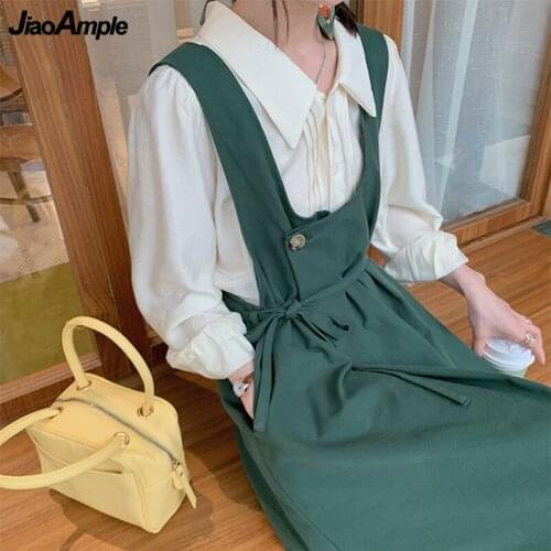 Women Spring Autumn Vintage Two Pieces Dress Set 2021 Korean Graceful Full Sleeve Shirts+Green Casual Loose Overalls Skirts Sets