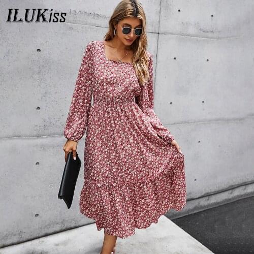Spring Long Sleeve Floral Midi Dress Women Cotton Elastic Waist Slim Pink Green Dresses Elegant 2021 Fall Fashion Casual Clothes