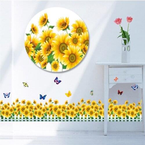 Golden Yellow Sunflower Fence Baseboard Wall Stickers Home Decor Living Room Bedroom Wall Border Decoration Glass Window Decals