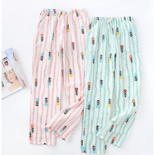 2019 Ladies Cotton Gauze Stripes Lounge Pants Thin Trousers Womens Bottoms Pajamas Pants Breathable Loose Leisure Pajama Shorts