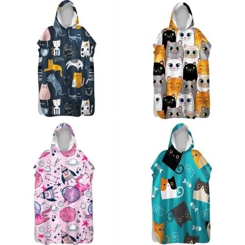 2021 Microfiber Sunscreen Quick-Drying Cartoon Cat Beach Towel Warm Change Bathrobe Swimsuit Ultralight Travel Cloak Surf Poncho