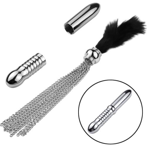 3 In 1 Double Head Metal Anal Plug Metal Chain Feather Flirt Whip Vaginal Anal Massage Expander Plug Anal Pull Beads Adult Toys