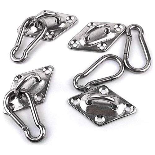 4Pcs 304 Stainless Steel Diamond Eye Plate with Carabiner 5mm/6mm/8mm for Suspended Ceiling Wall Mount Hammock Hook Base