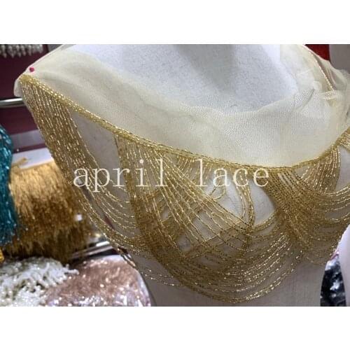 Cou0015# 10pcs/bag 9 cm golden neck mesh beads ribbon fringe tassel for decorative/wedding bridal ball gown dress