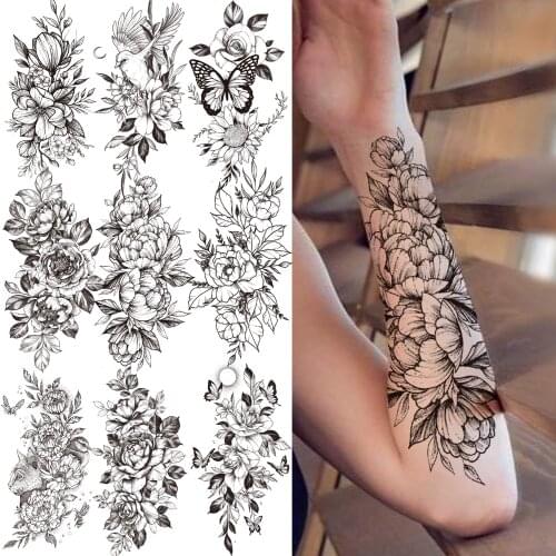 Peony Flower Temporary Tattoo For Women Girl Adult Black Butterfly Rose Tattoos Sticker Dahlia Fake Orchid Daffodil Tatoos Paper