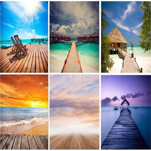 SHENGYONGBAO Summer Seaside Natural Scenery Wooden Floor Photography Backgrounds Sky Photo Backdrops Studio Props 210309TFX-04