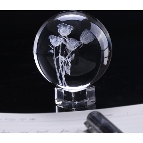 60mm 3D Laser Engraved Rose Crystal Ball Miniature Flower Globe Glass Sphere Home Decoration Valentines Day Gift Ornament