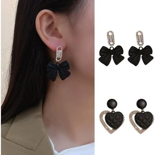 Classic Bowknot Acrylic Women Stud Earrings Lovely Girl Watch Korean Rhinestone Black Bow Heart Earrings For WomenTrendy 2021