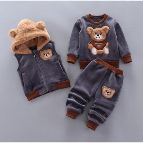2021 Autumn Korean Children Clothing Boys Plus Velvet Padded Bear Three-piece Set Girls Autumn Toddler Boy Clothes