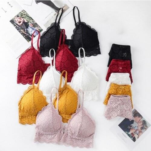 French Lace Bra Feminine Front Buckle Wire Free Underwear Set For Women Brassiere Panties Set Lingerie Padded Bralette Briefs