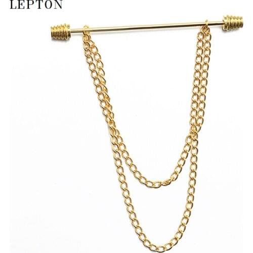 Hot Mens Gold Collar Pin With Chain Lepton 7cm Brooch Tie Collar Pin Round Head for Skinny Tie Shirt With Collar