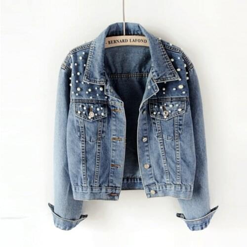 New autumn spring beaded denim jacket Women plus size wild pearl loose casual long sleeve single breasted jackets female Tops