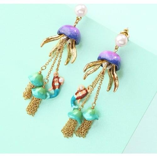 Custom Women Earring Sea Mermaid Enamel Jellyfish Gold Tassel Stud Earring Pendant Ear Clip Charm Lady Vintage Jewelry Gift