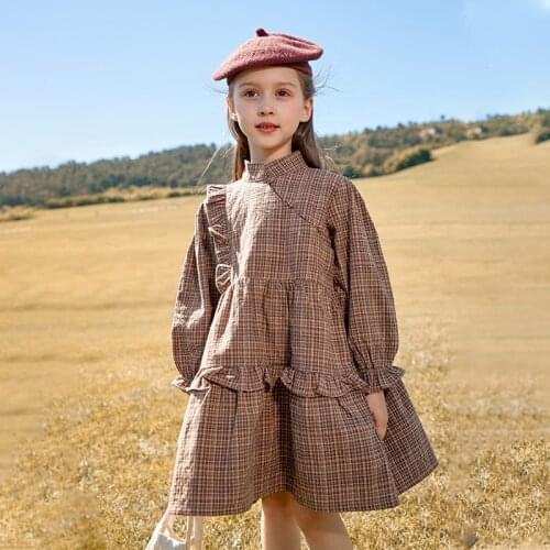 Autumn Spring Lovely Princess Dress For Girls Children Long Sleeve Knee Length Gowns Fashion Plaid Print Party Clothes 3-14Y