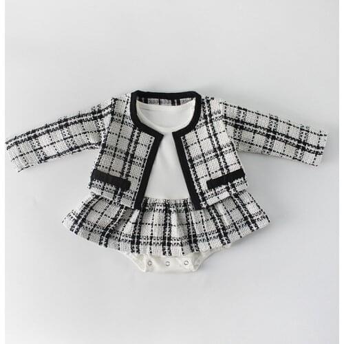 0-18M Aututumn 2Pcs Baby Girls Plaid Clothes Cotton Toddler Kids Rompers+Long Sleeve Coat Custome Outfits