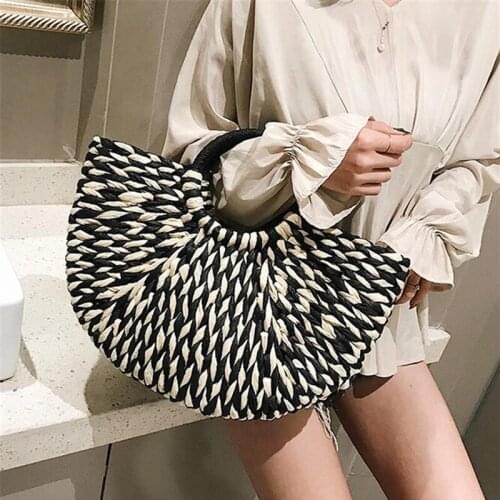 Women Woven Handbag Rattan Wicker Straw Half Round Bag Fashion Large Capacity Female Casual Rattan Travel Tote Bolsos