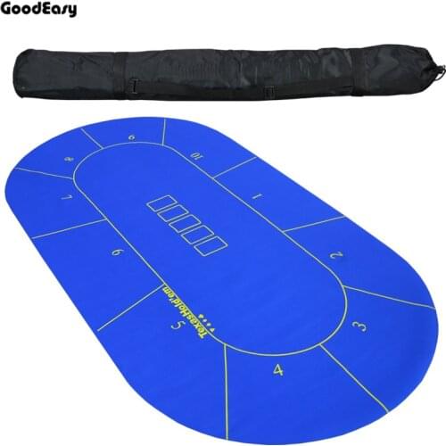 10 Players Rotary Poker Set Rubber Square Blue Texas Hold'em Poker Table Mat Poker Gaming Table Cloth with Shoulder Bag