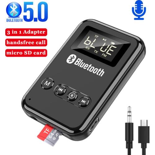 Bluetooth 5.0 Receiver Transmitter LCD Wireless Adapter 3.5MM Jack AUX FM Car Kit Handsfree Call & Mic For PC TV Car kit Speaker