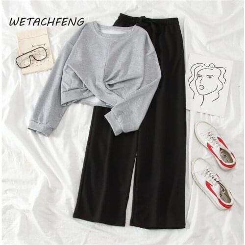 Plus Size Korean Style Two Piece Sets Solid Knot Crop Top And Pants Casual Student Girls Outfit Spring 2021 Sport Suit Clothing