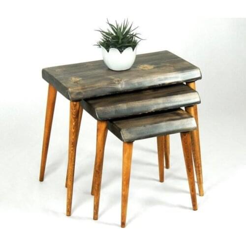 Modern Natural Wood Solid Billet 3'lü Zigon Coffee table coffe table