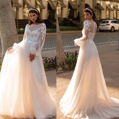 Elegant Appliques A-Line Wedding Dresses With Lace 2021 Long Sleeves Bridal Dress Newest Wedding Gowns vestido longo de festa
