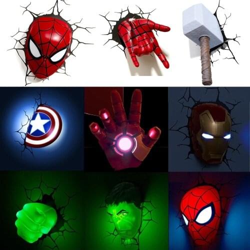 3D Marvel Avengers Series LED Wall Lamp Decor Kids Bedroom Iron Man Hulk Hammer Captain American Christmas Gift Night Light