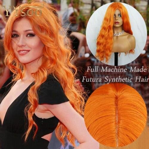 YYsoo Long Orange Color Curly Futura Synthetic Hair Wig Natural Hairline Full Machine Made Loose Wave Wigs For Women
