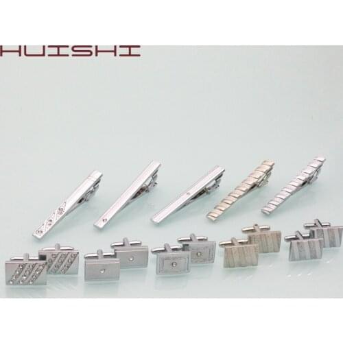 HUISHI Silvery Tie Clip And Cuff link Set Cufflinks Luxury Mens Cufflinks Brand For Men Classic Meter Tie Collar Pin Jewelry