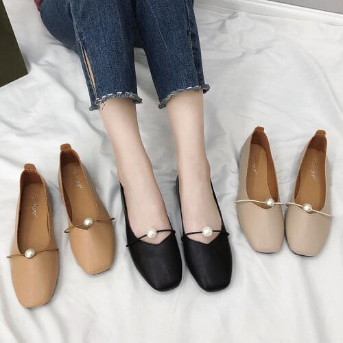 Spring Autumn Women Shoes Square Toe Pearl Flats Slip on Shoe Woman Casual Shoes Mary Janes Shoes Flat Black Zapatos Mujer