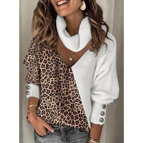 Woman Sweaters Knitted Leopard Patchwork Turtleneck Sweaters Pullover Spring Button Long Lantern Sleeve Loose Women Sweaters
