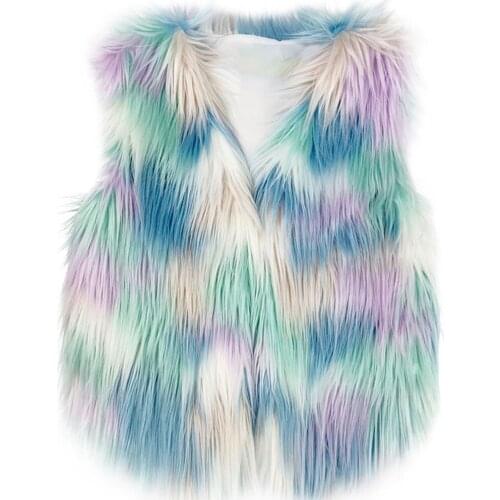 Womens vest large size faux fur coat artificial fur rainbow womens fur coat vest for women ice cream color sleeveless jacket