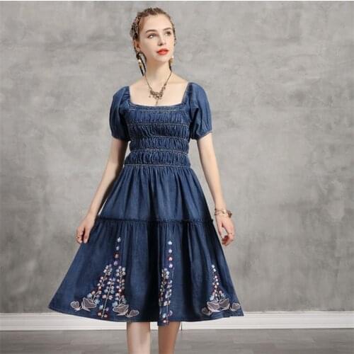 Summer Denim Dress 2020 Vintage Women Square Collar Dresses Short Sleeve Embroidery Elastic Waist Vestidos K82237 Girls DRESS