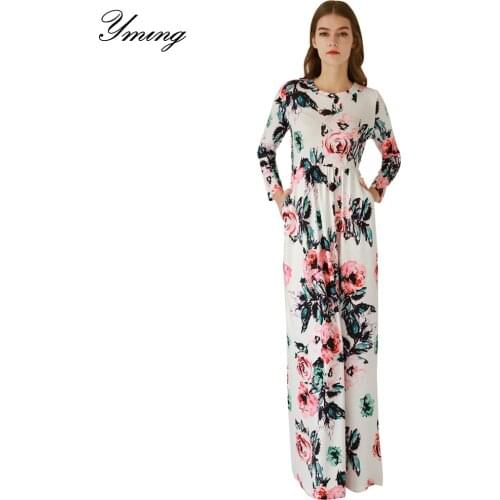 YMING Summer Fashion Womens Dress Floral Print Dress Long Sleeve O-Neck Maxi Dress Bodycon Vestidos Pocket Dress