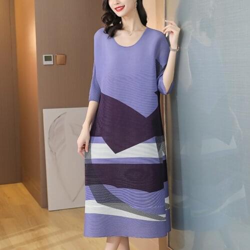 Miyak Pleated Print Loose Midi Dress Women Summer O-Neck Three Quarters Sleeve Elegant Casual Large Size Dresses Female Clothes