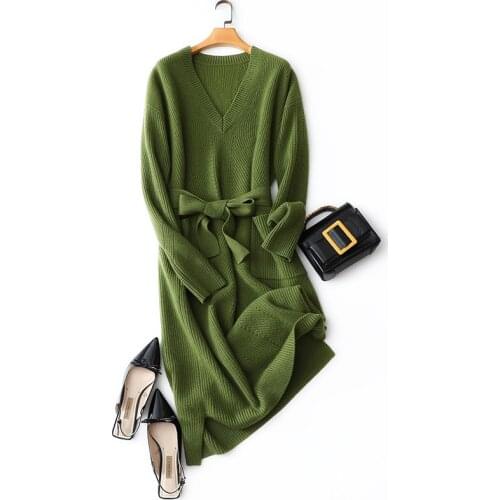 European Fashion Winter Styles Thick Womens V Neck Long Sleeve Luxury 100% Cashmere Knitted Woman Dress