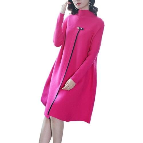 Women Knit Sweater Dress New Fashion Half Turtleneck Long-sleeved Pullover Midi Dress Loose Elegant Ladies Autumn Winter Dresses