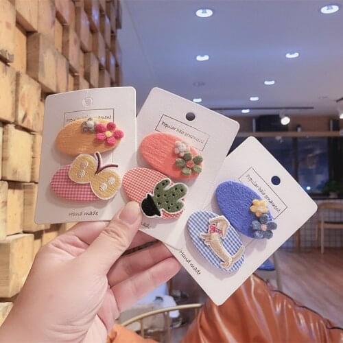 2 Pcs New Korean Childrens Cartoon BB Clip Headwear Fashion Cute Girl Princess Fabric Flower Animal Hairpins Hair Accessories