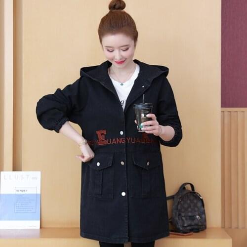 #3124 Spring Black Long Denim Jacket Women Outerwear Loose Letters Casual Jeans Jacket Women Hooded Single Breasted Preppy Style