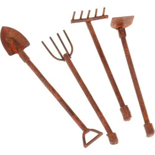 4Pcs 1:12 Scale Dollhouse Miniature Shovel Hoe and Pitchfork Farming Tools Fairy Garden Accessories Furniture Toys