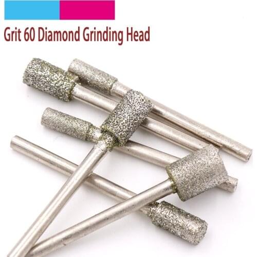 5pcs Grit 60 Cylinder Diamond Grinding Head Bit Cylindrical Points Coated Carving Burrs Lapidary Tools for Jade Stone Marble