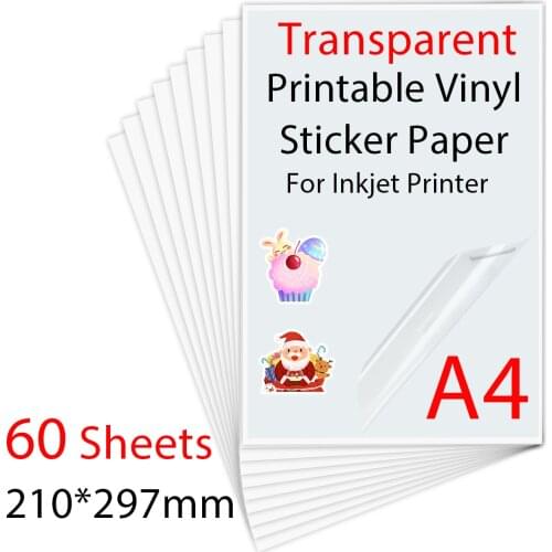 60Sheets Printable Vinyl Sticker Paper A4 PET Transparent Waterproof Self-Adhesive paper for For Inkjet Printer DIY Crafts Gift