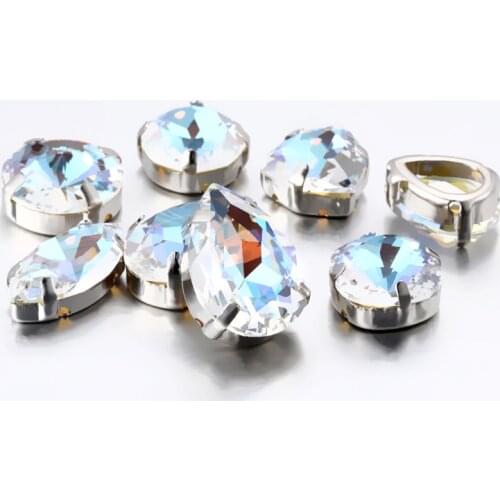 Shiny Clear Drop Rhinestones With Copper Claws Round Shape Rivoli Strass Hollow Out Copper Settings Rhinestones Sew On Stones